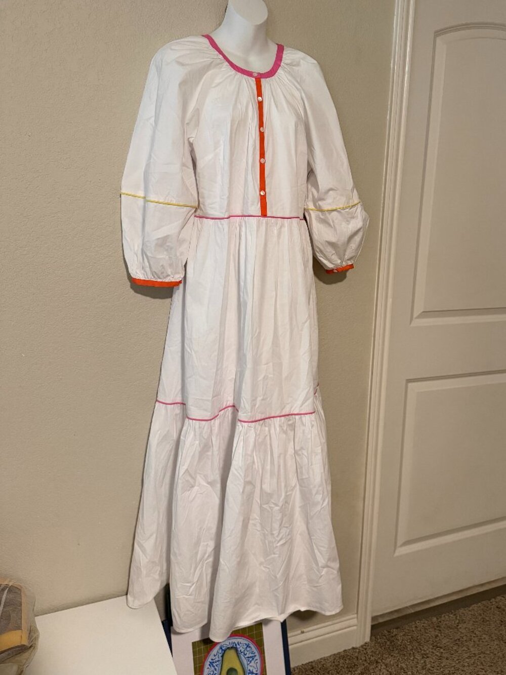 STAUD Demi Dress White Poplin Rainbow Trim Maxi Dress Tiered, Cotton, Small, NWT - Picture 2 of 10